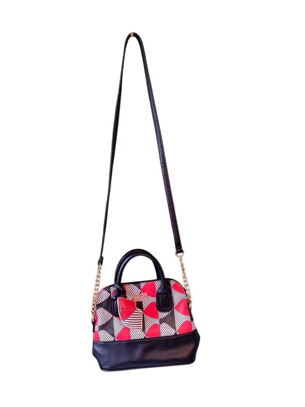 Betsey Johnson Purse Red Black & White Handbag Artsy Pocketbook With Bag Charm